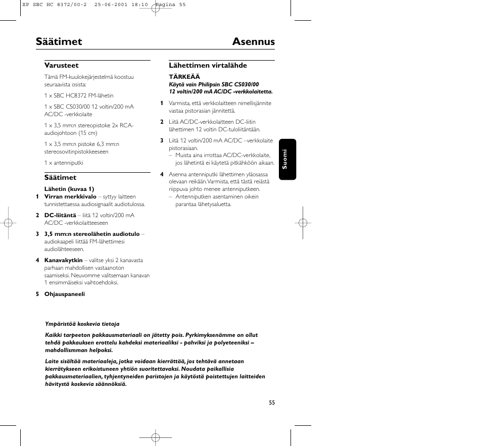 Säätimet asennus | Philips HC 8372 User Manual | Page 55 / 85