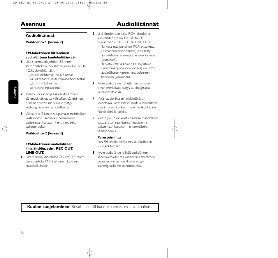 Asennus audioliitännät | Philips HC 8372 User Manual | Page 56 / 85