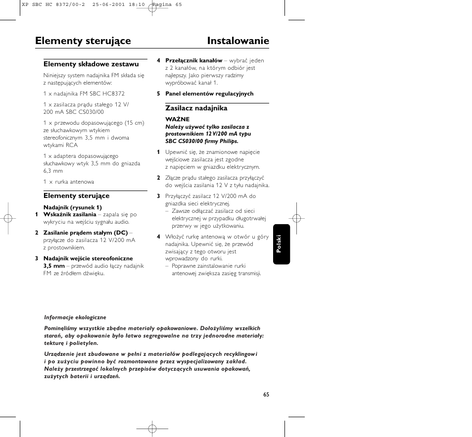 Elementy sterujące instalowanie | Philips HC 8372 User Manual | Page 65 / 85