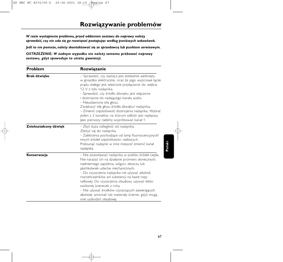 Rozwiązywanie problemów | Philips HC 8372 User Manual | Page 67 / 85