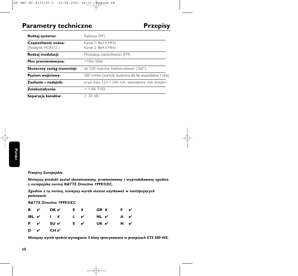 Parametry techniczne przepisy | Philips HC 8372 User Manual | Page 68 / 85