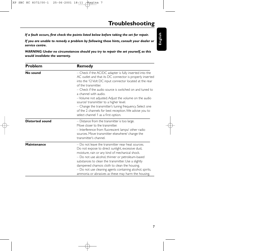 Troubleshooting | Philips HC 8372 User Manual | Page 7 / 85