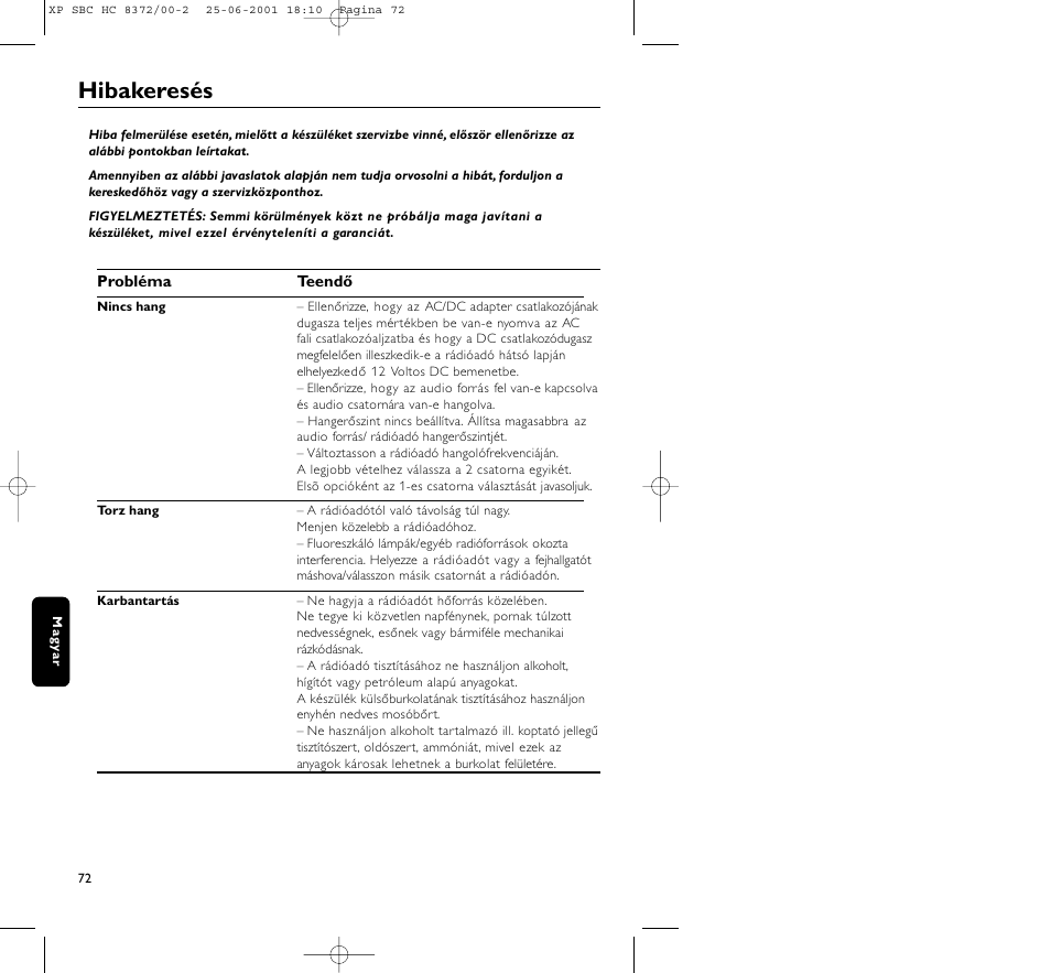 Hibakeresés | Philips HC 8372 User Manual | Page 72 / 85