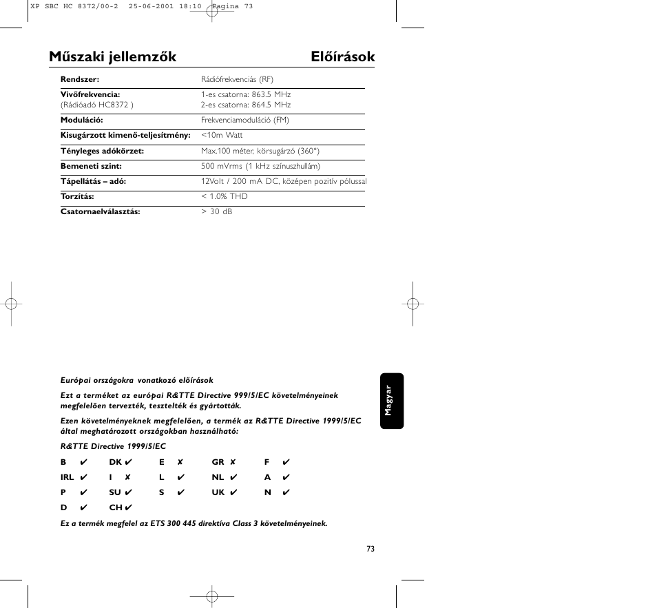 Műszaki jellemzők előírások | Philips HC 8372 User Manual | Page 73 / 85