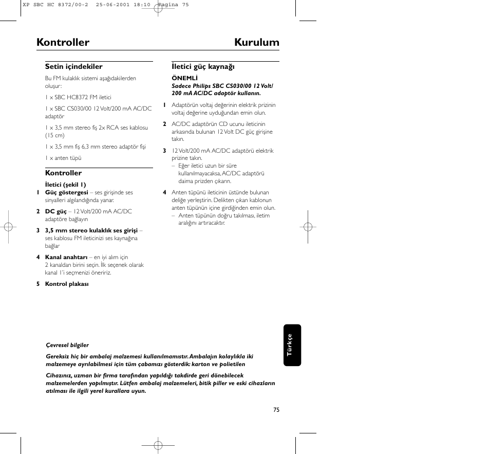 Kontroller kurulum | Philips HC 8372 User Manual | Page 75 / 85