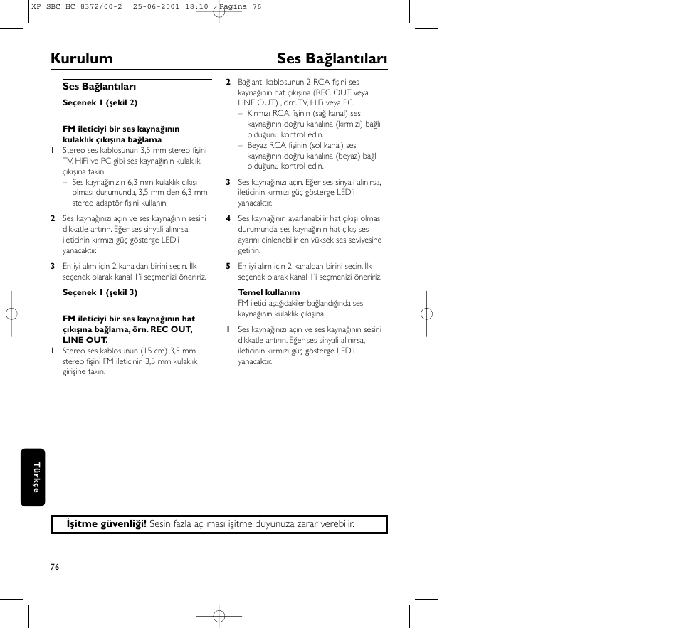 Kurulum ses bağlantıları | Philips HC 8372 User Manual | Page 76 / 85