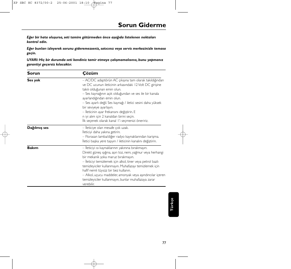 Sorun giderme | Philips HC 8372 User Manual | Page 77 / 85