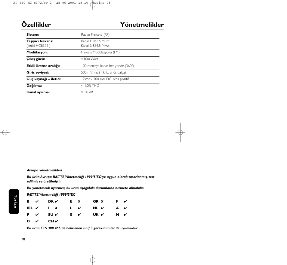 Özellikler yönetmelikler | Philips HC 8372 User Manual | Page 78 / 85