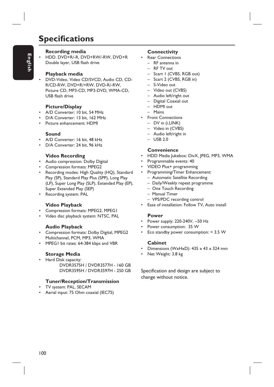 Specifi cations | Philips DVDR3597H User Manual | Page 100 / 104