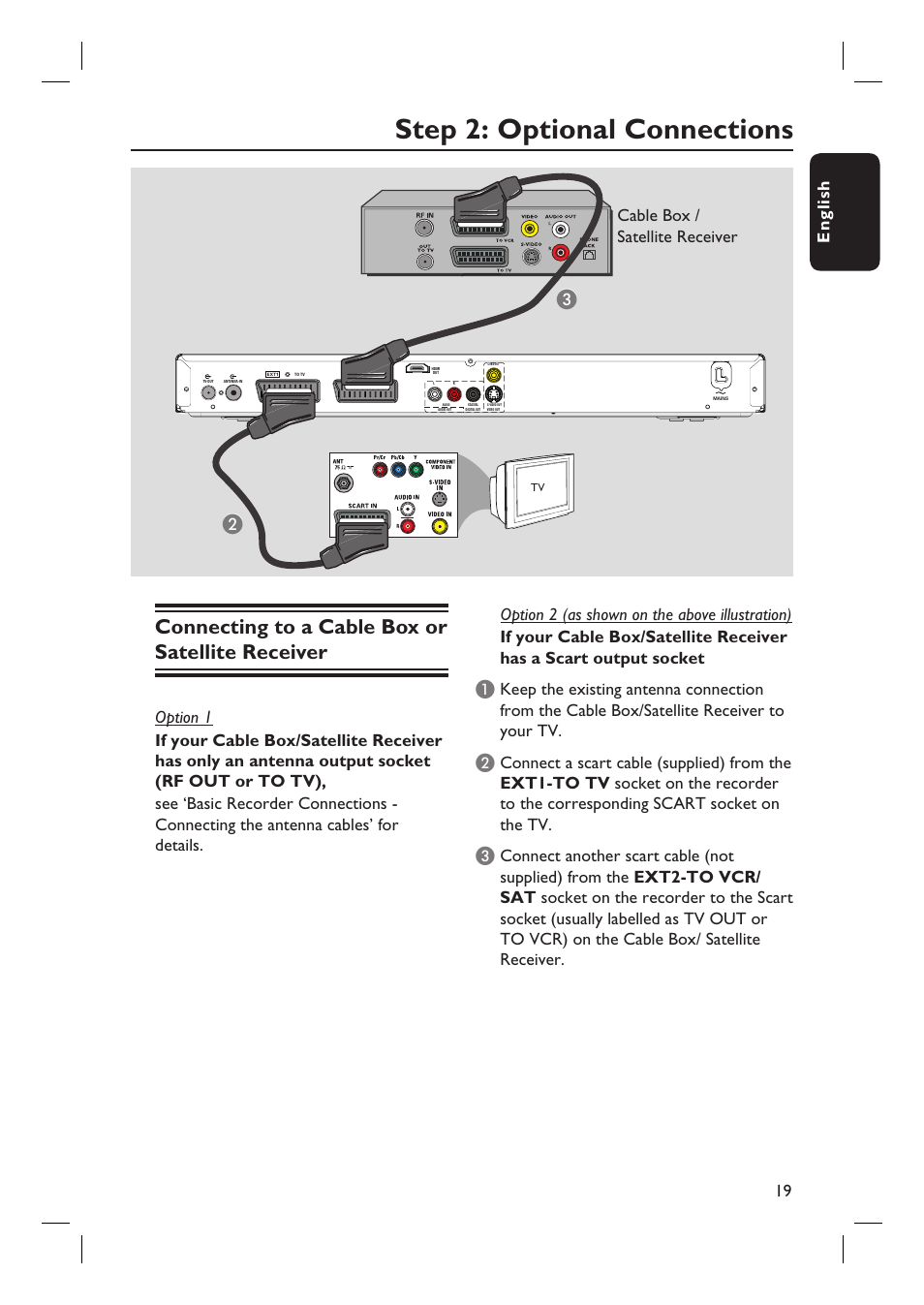 Step 2: optional connections, Connecting to a cable box or satellite receiver, English 19 | Cable box / satellite receiver | Philips DVDR3597H User Manual | Page 19 / 104