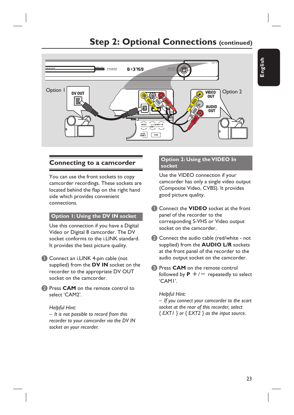 Step 2: optional connections | Philips DVDR3597H User Manual | Page 23 / 104