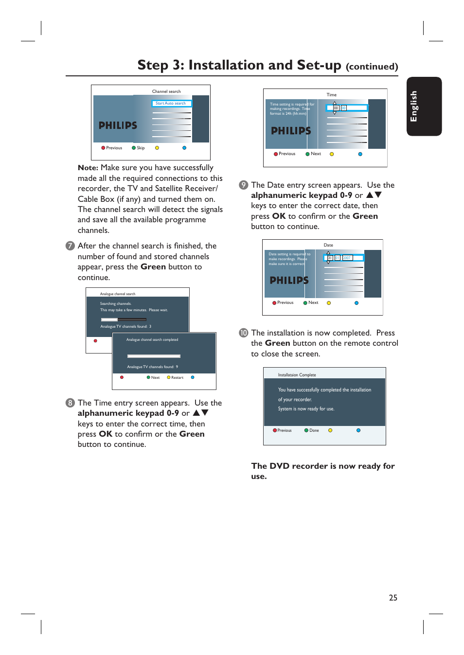 Step 3: installation and set-up, Continued), English 25 | The dvd recorder is now ready for use | Philips DVDR3597H User Manual | Page 25 / 104