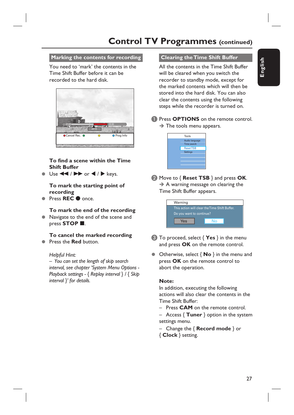 Control tv programmes, Continued) | Philips DVDR3597H User Manual | Page 27 / 104