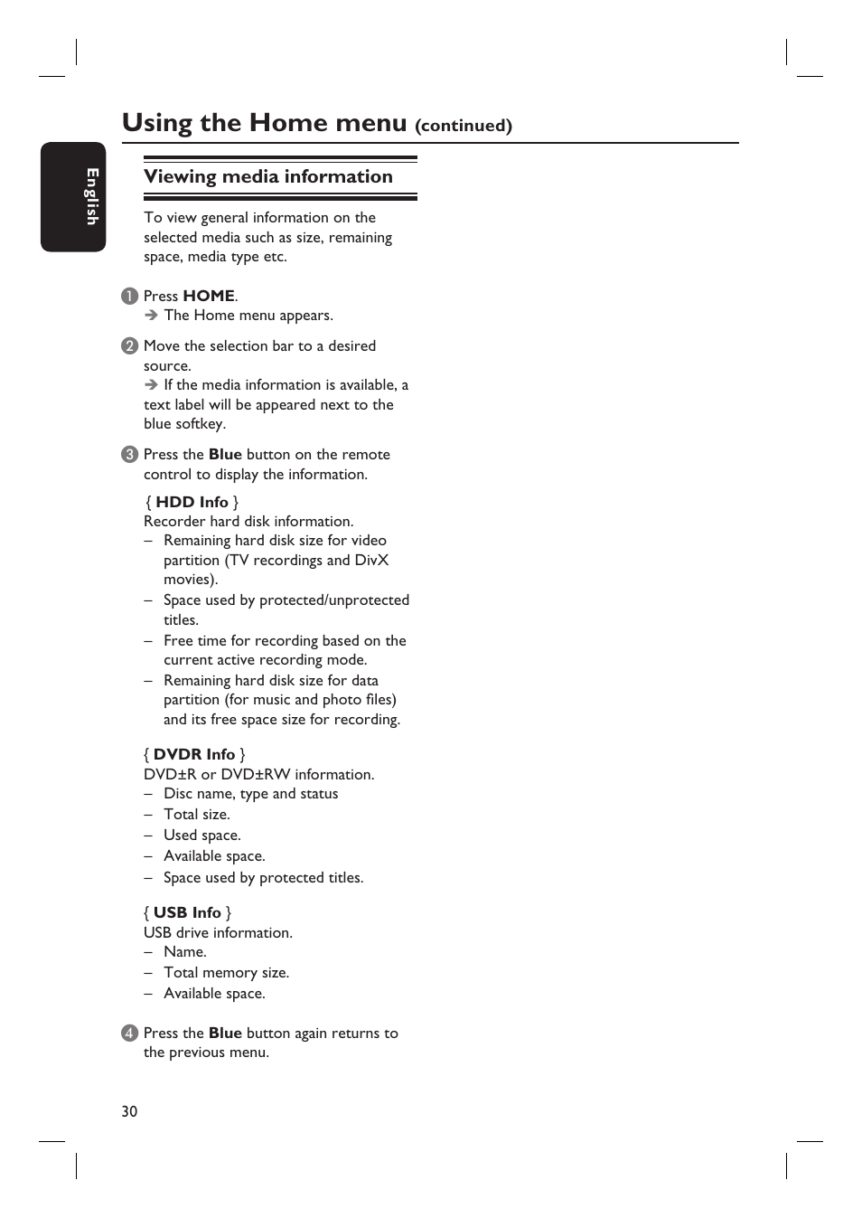 Using the home menu | Philips DVDR3597H User Manual | Page 30 / 104