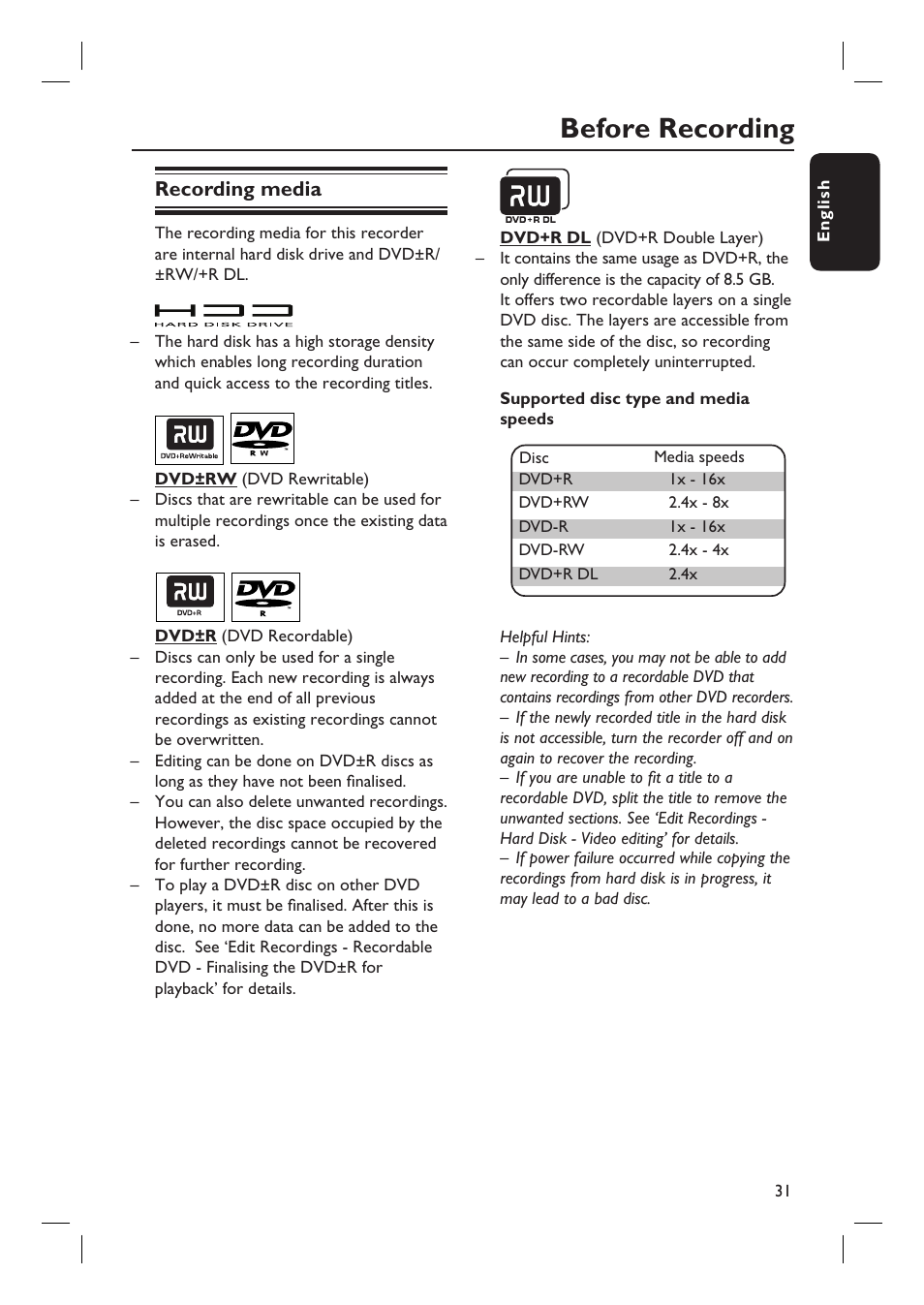 Before recording, Recording media | Philips DVDR3597H User Manual | Page 31 / 104