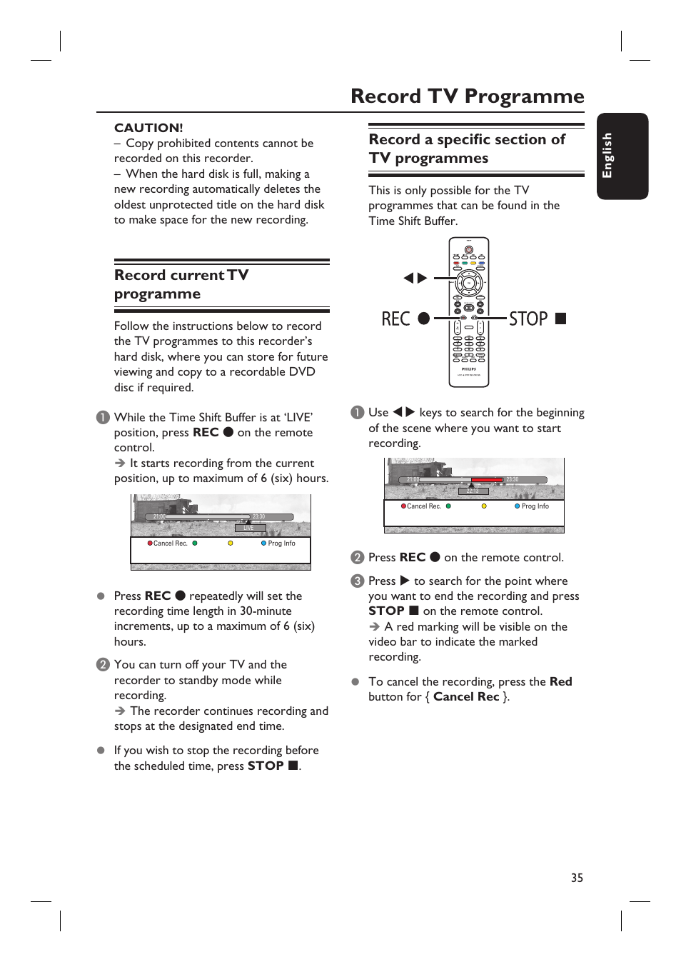 Record tv programme, Record current tv programme, English 35 | Press rec z on the remote control | Philips DVDR3597H User Manual | Page 35 / 104
