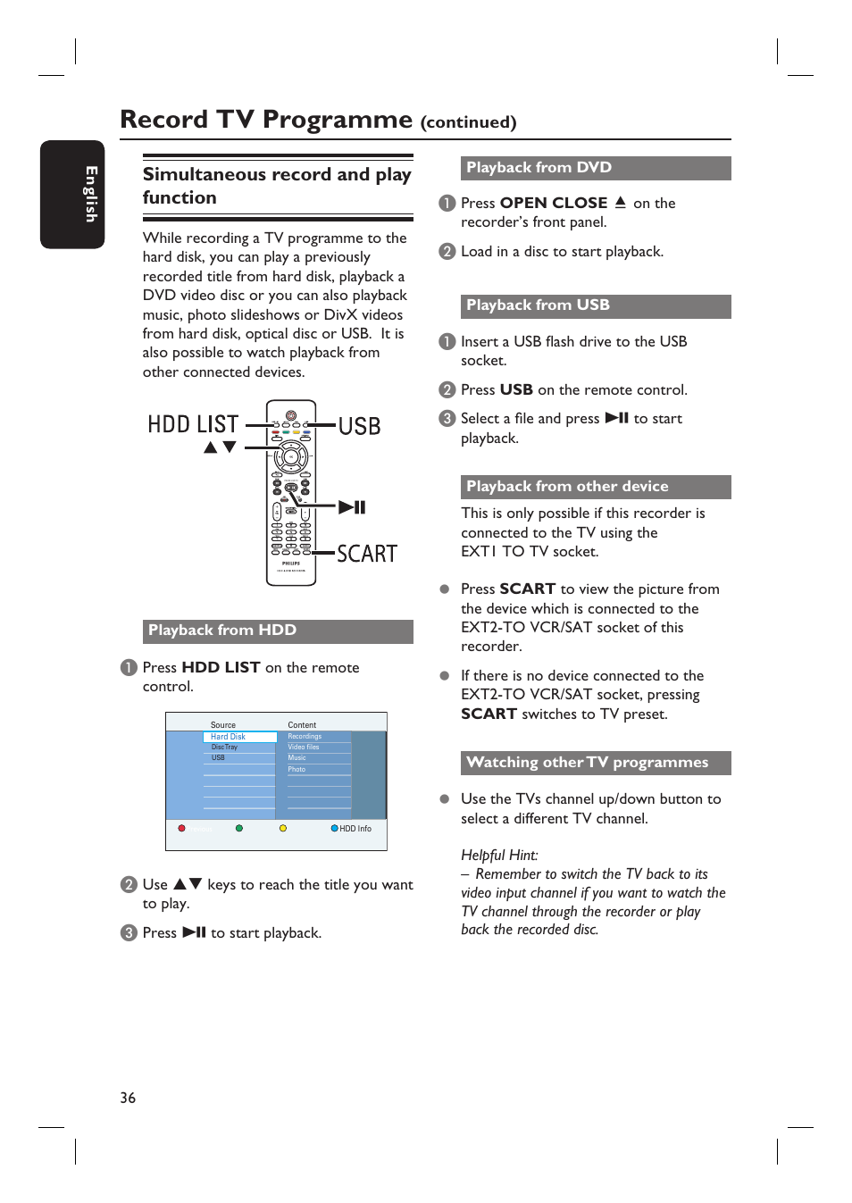 Record tv programme, Simultaneous record and play function, Continued) | Philips DVDR3597H User Manual | Page 36 / 104