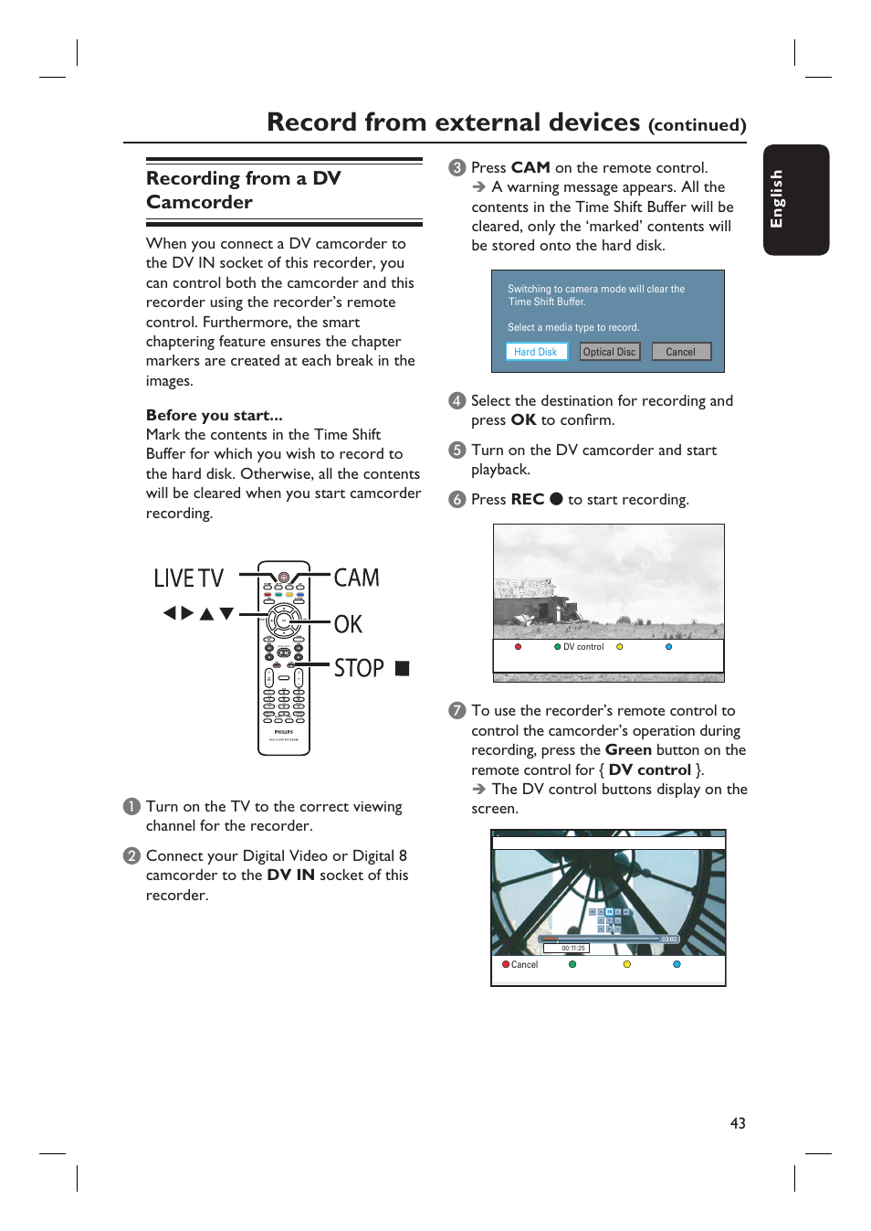 Record from external devices, Recording from a dv camcorder, Continued) c | Philips DVDR3597H User Manual | Page 43 / 104