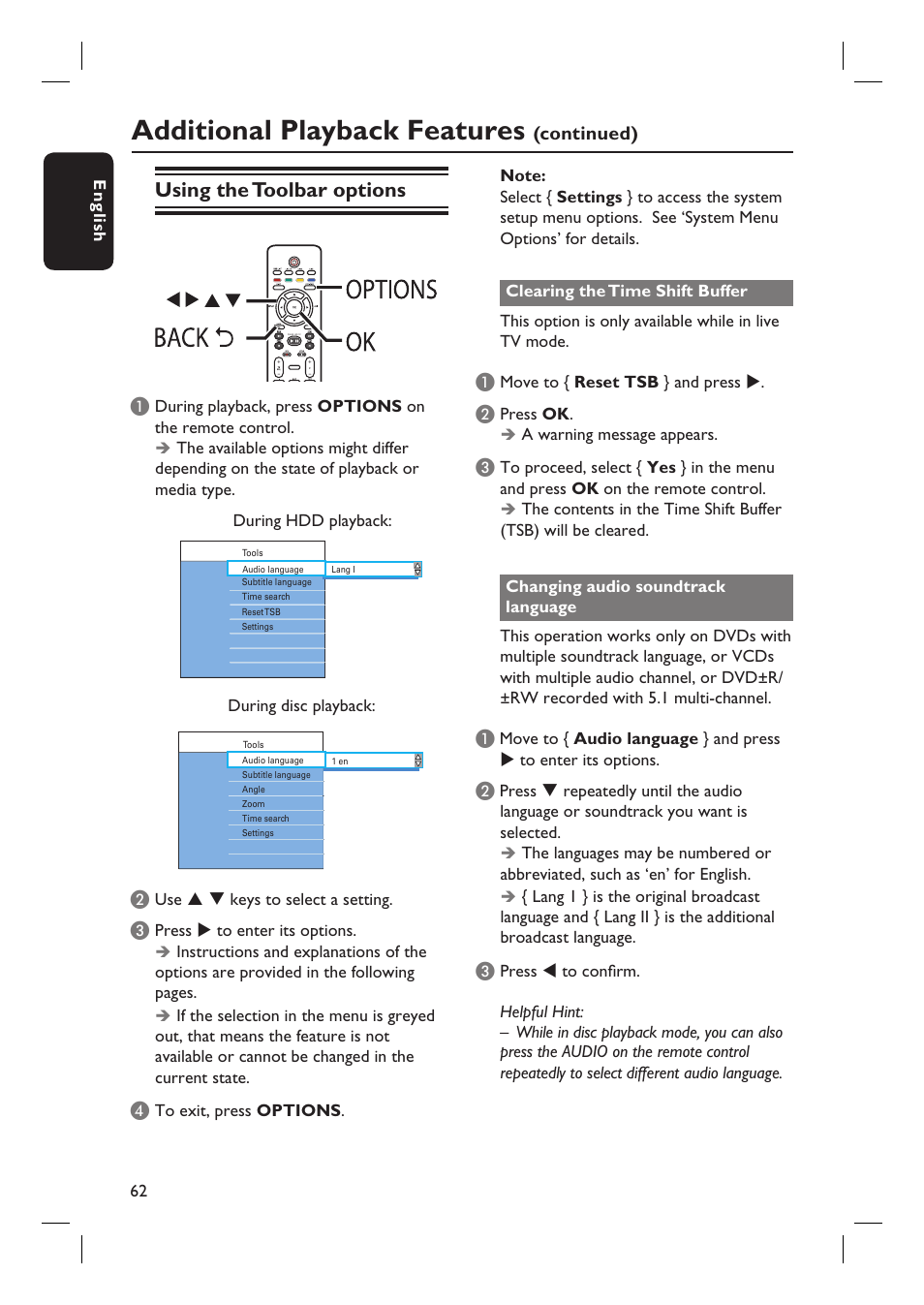 Additional playback features, Using the toolbar options | Philips DVDR3597H User Manual | Page 62 / 104