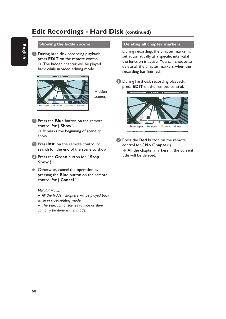 Edit recordings - hard disk, Continued) | Philips DVDR3597H User Manual | Page 68 / 104