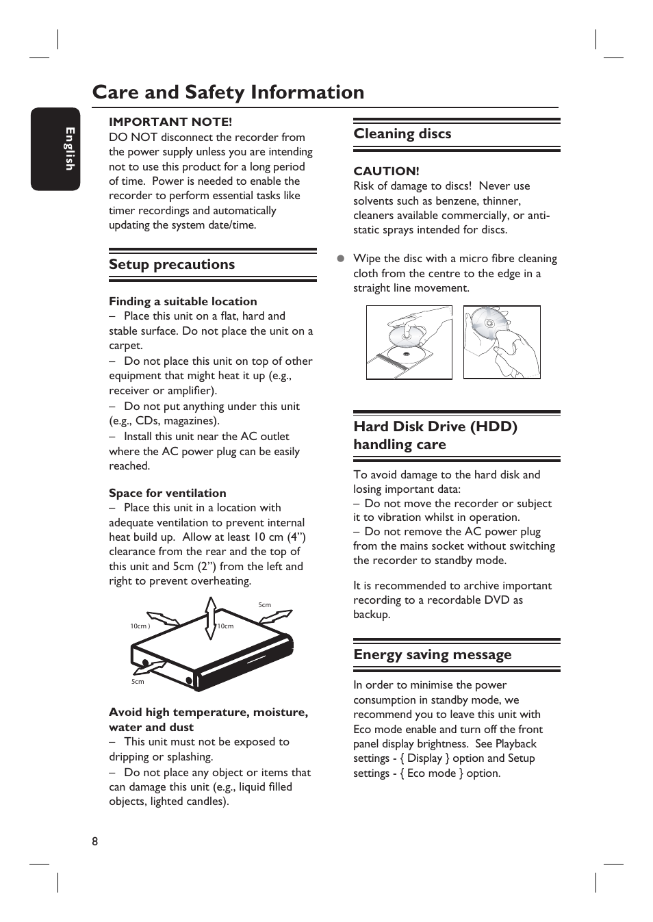 Care and safety information, Cleaning discs, Hard disk drive (hdd) handling care | Energy saving message, Setup precautions | Philips DVDR3597H User Manual | Page 8 / 104