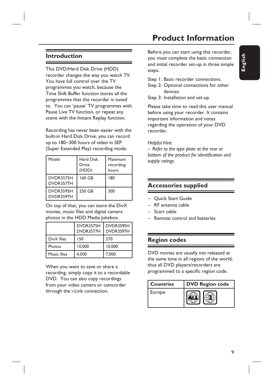Product information, Introduction, Accessories supplied | Region codes | Philips DVDR3597H User Manual | Page 9 / 104