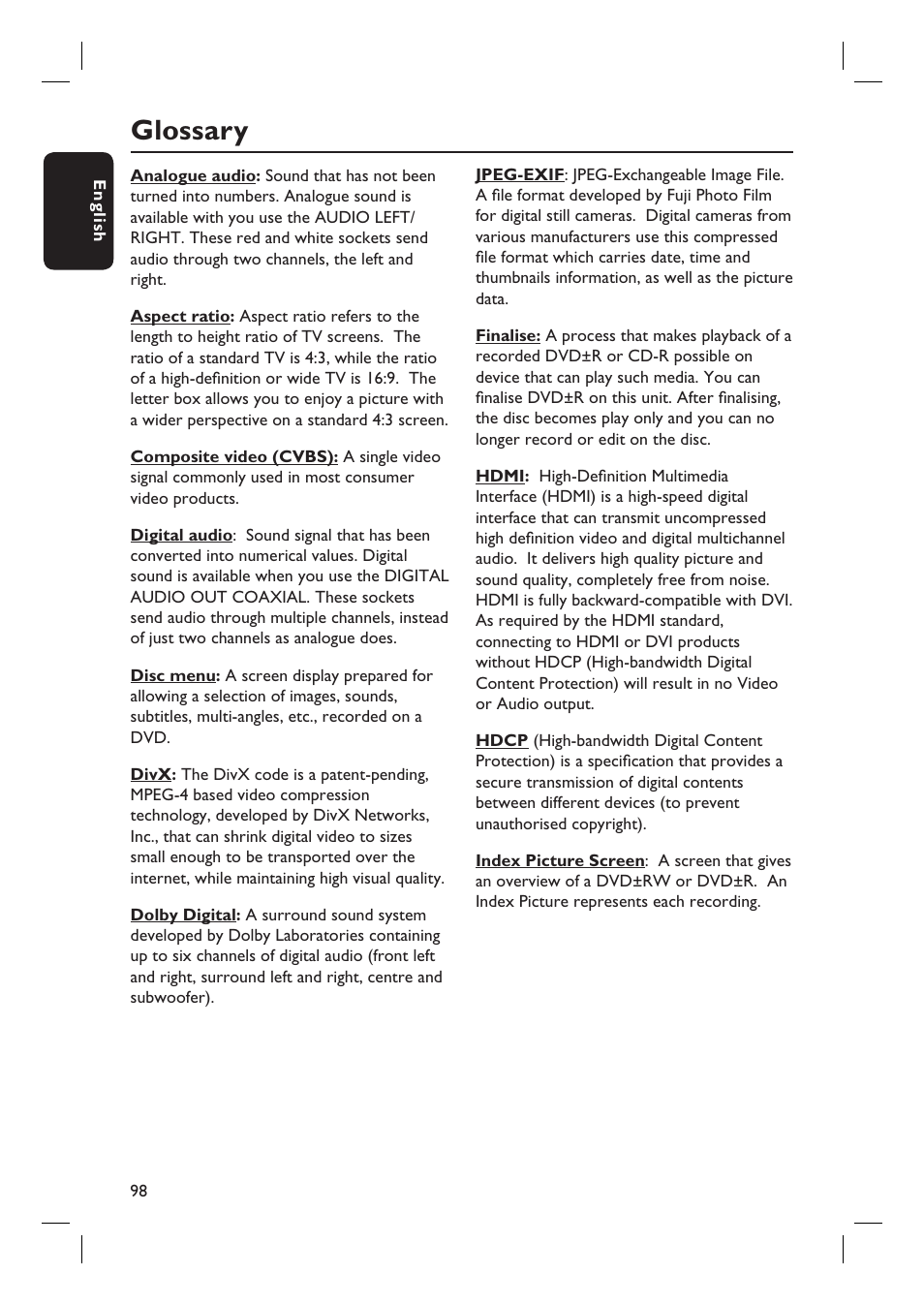 Glossary | Philips DVDR3597H User Manual | Page 98 / 104