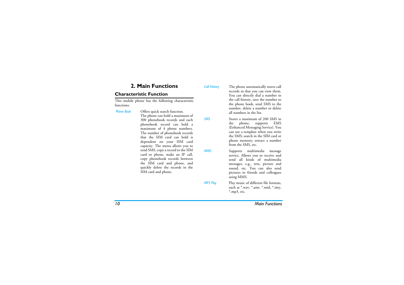 Main functions, Characteristic function | Philips S890 User Manual | Page 11 / 75