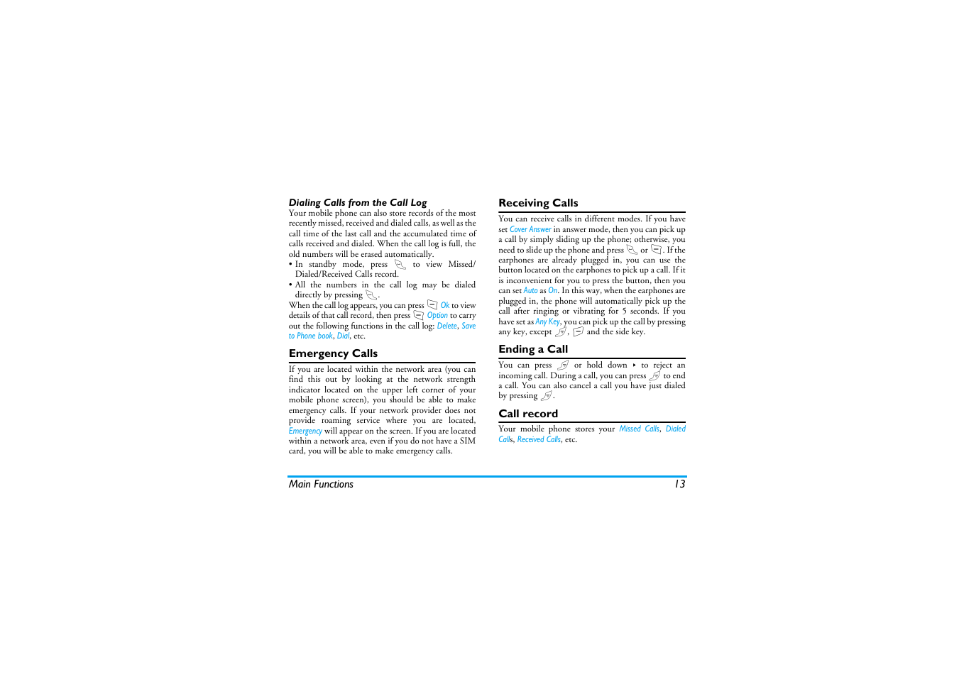 Emergency calls, Receiving calls, Ending a call | Call record | Philips S890 User Manual | Page 14 / 75