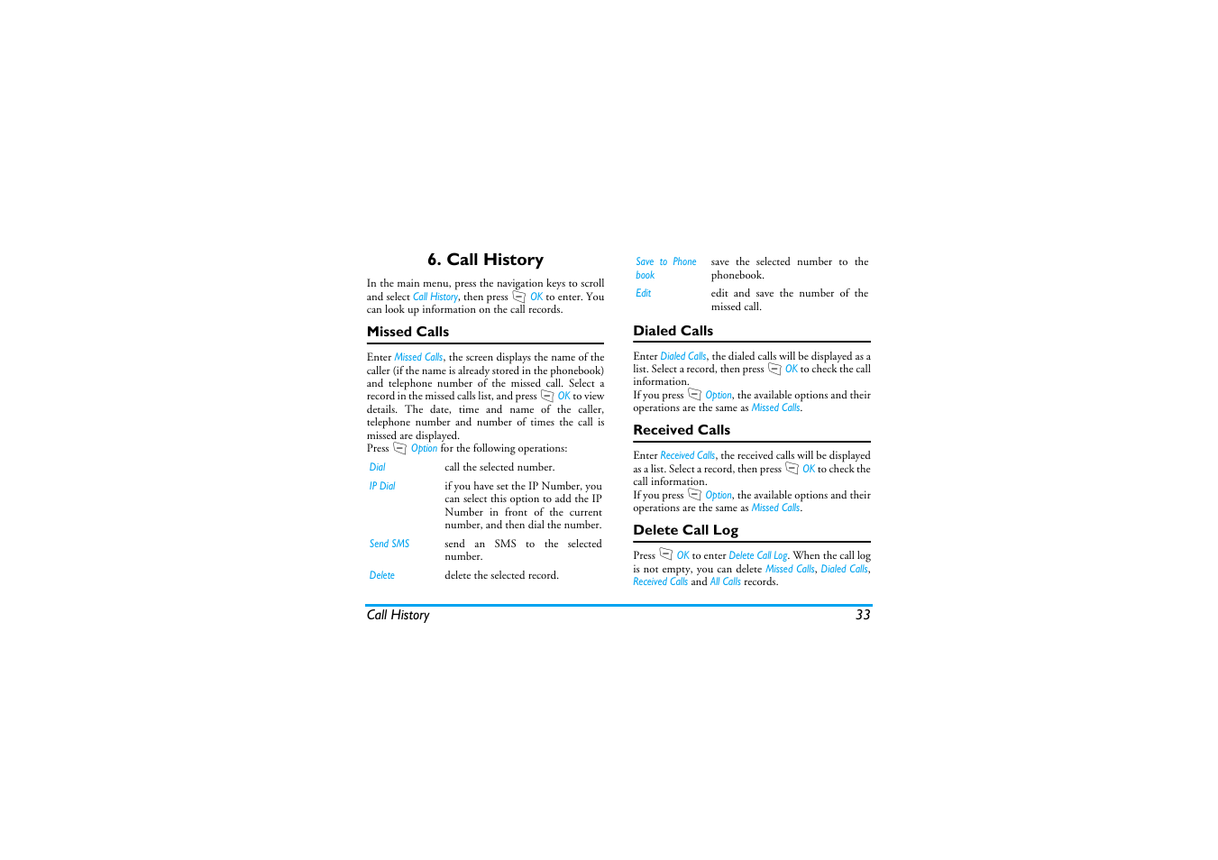 Call history, Missed calls, Dialed calls | Received calls, Delete call log | Philips S890 User Manual | Page 34 / 75