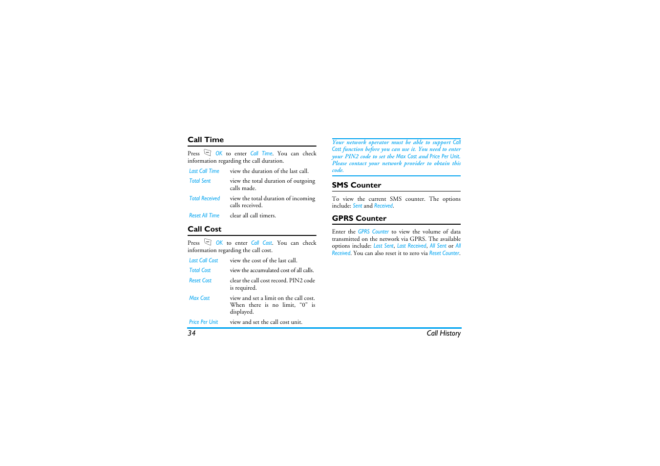 Call time, Call cost, Sms counter | Gprs counter | Philips S890 User Manual | Page 35 / 75
