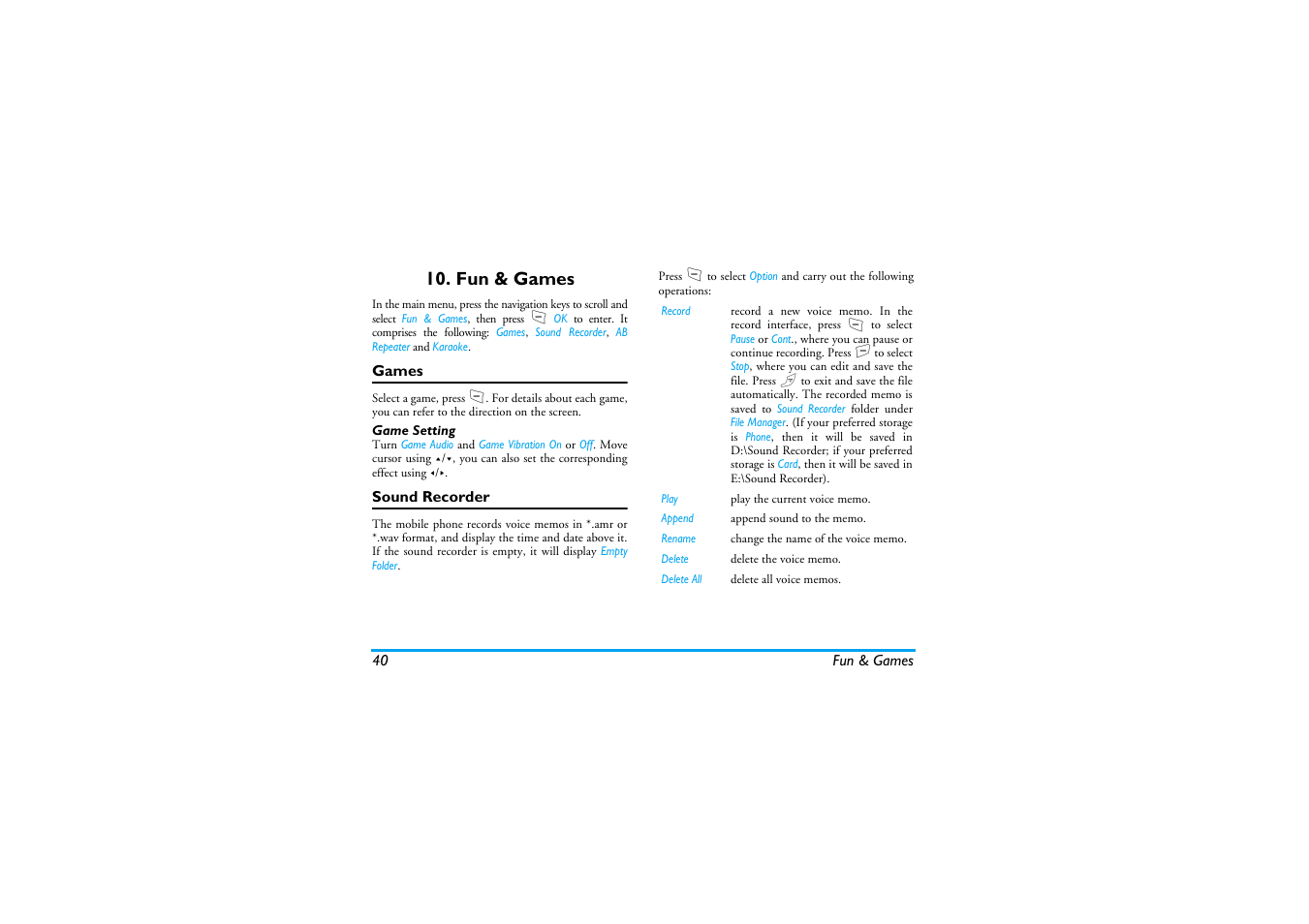 Fun & games, Games, Sound recorder | Philips S890 User Manual | Page 41 / 75