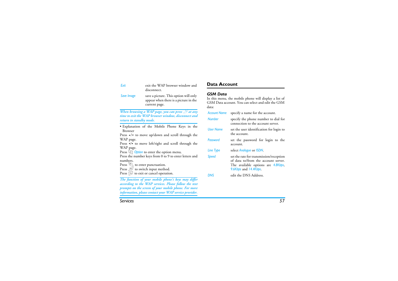 Data account | Philips S890 User Manual | Page 58 / 75