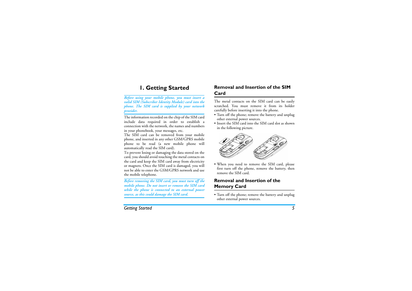 Getting started, Removal and insertion of the sim card, Removal and insertion of the memory | Card | Philips S890 User Manual | Page 6 / 75