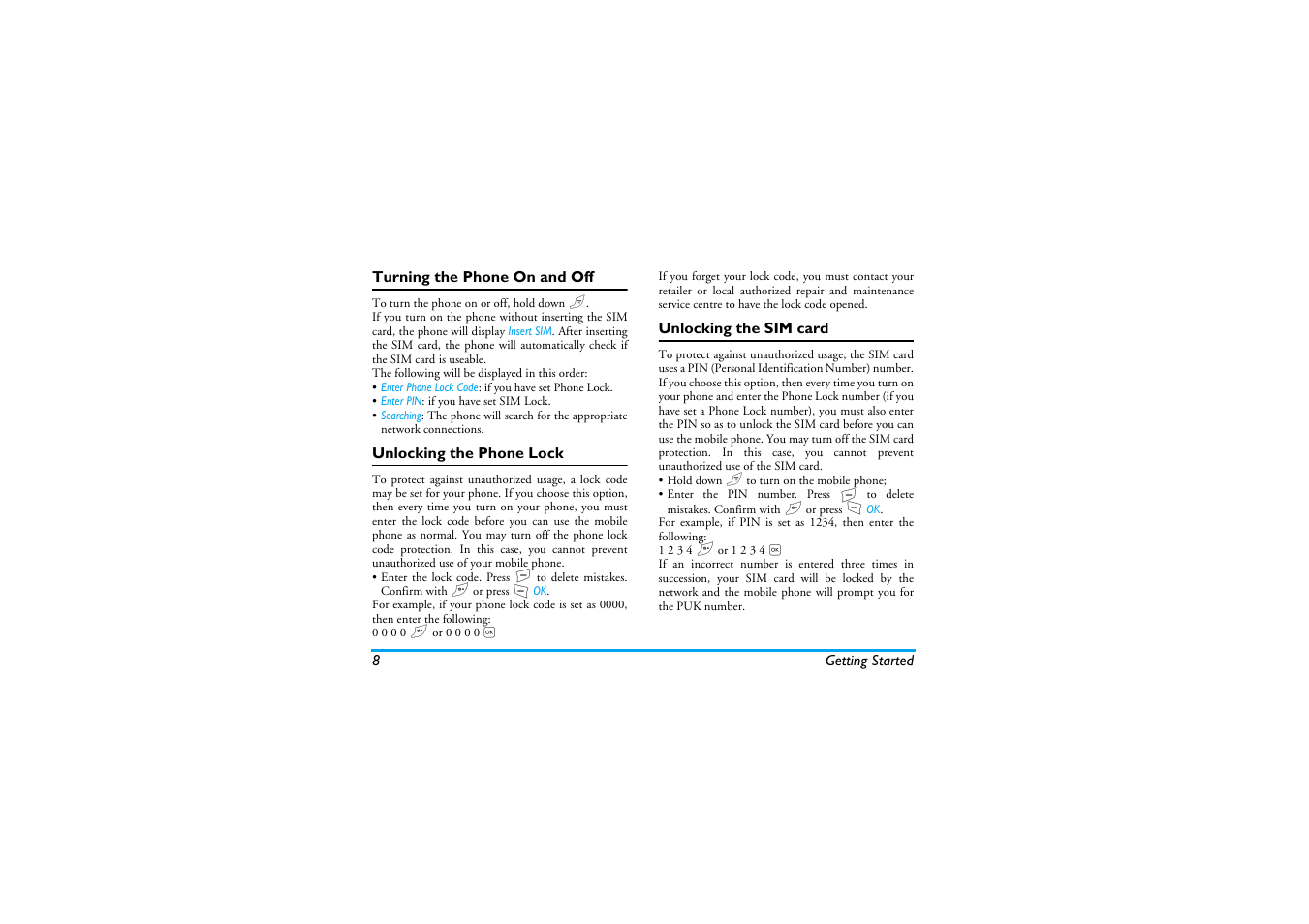 Turning the phone on and off, Unlocking the phone lock, Unlocking the sim card | Philips S890 User Manual | Page 9 / 75
