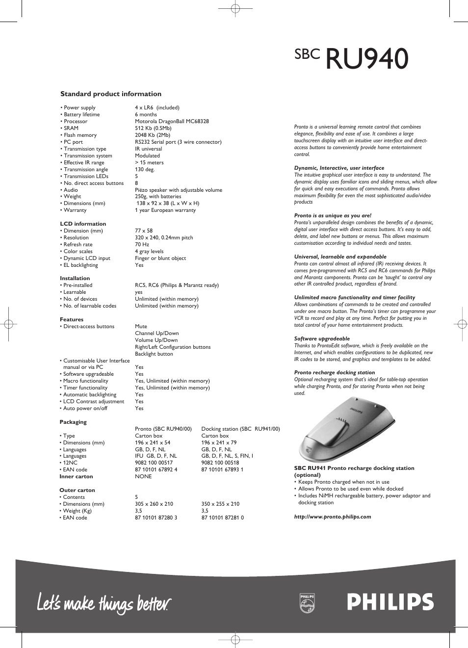 Ru940 | Philips Pronto SBCRU940 User Manual | Page 2 / 2