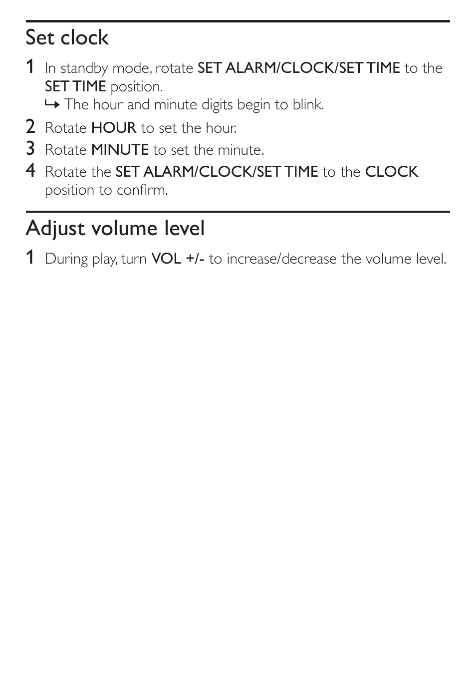 S et clock, Adjust volume level | Philips AJ3551/12 User Manual | Page 11 / 20