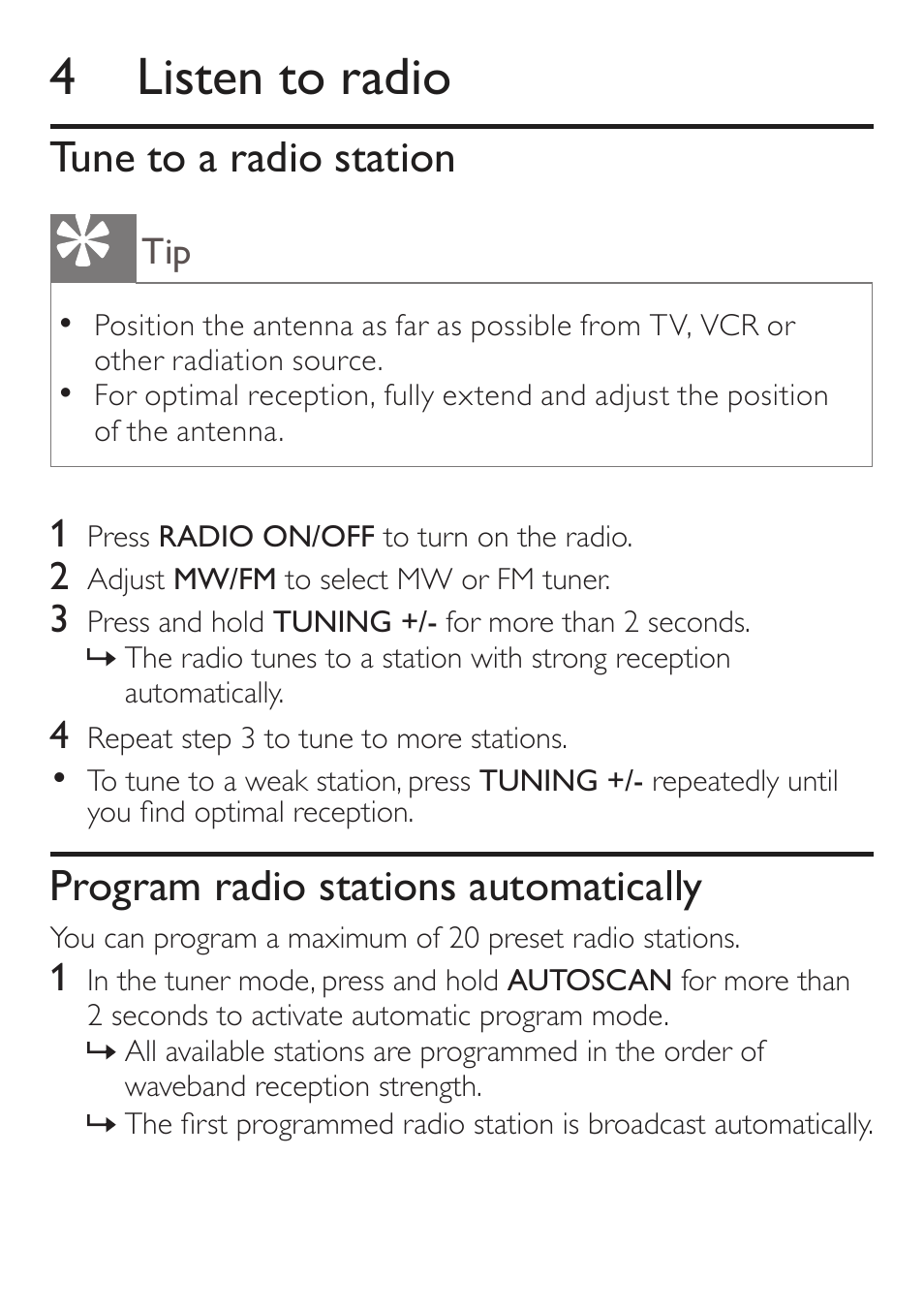 4 listen to radio, Tune to a radio station, Program radio stations automatically | Philips AJ3551/12 User Manual | Page 12 / 20