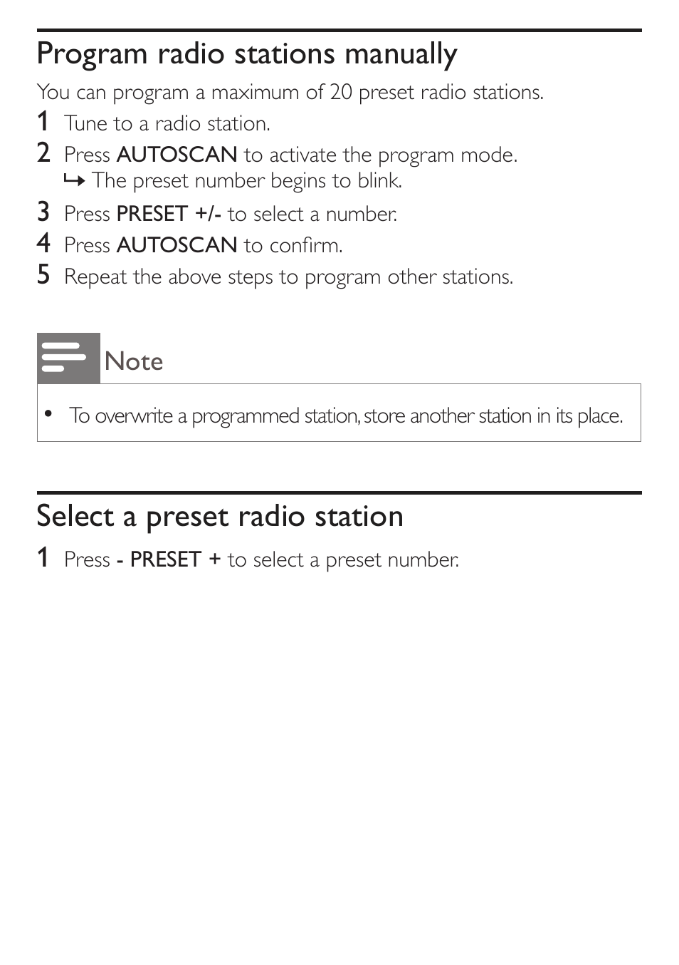 Program radio stations manually, Select a preset radio station | Philips AJ3551/12 User Manual | Page 13 / 20