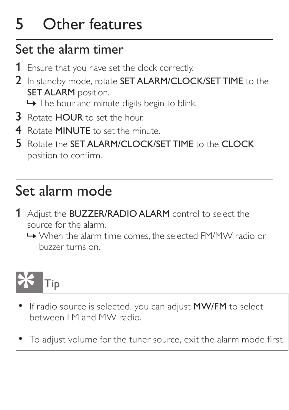 5 other features, Set alarm mode, Set the alarm timer | Philips AJ3551/12 User Manual | Page 14 / 20