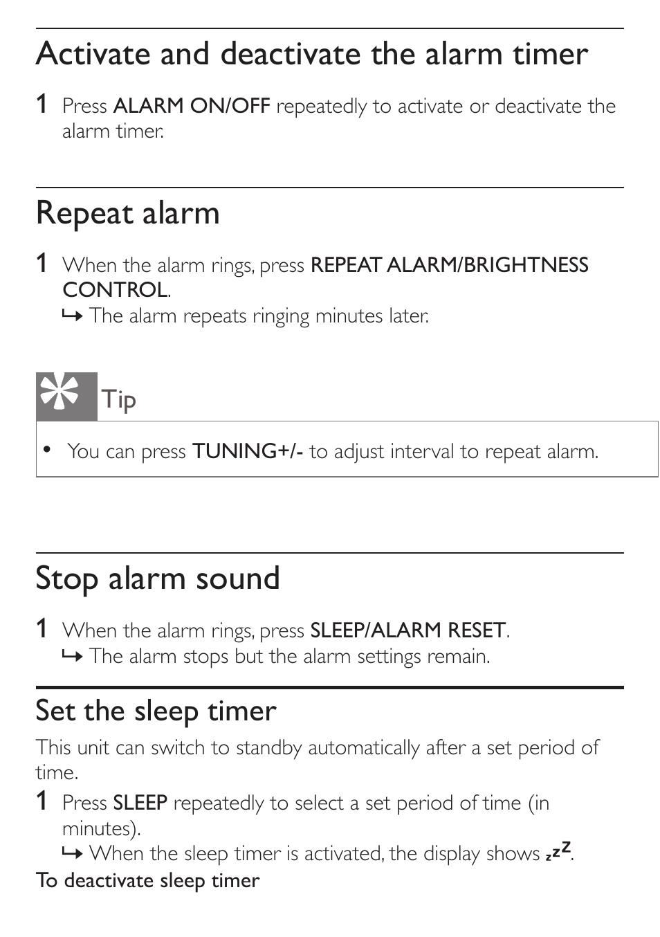 Activate and deactivate the alarm timer, Repeat alarm, Stop alarm sound | Set the sleep timer | Philips AJ3551/12 User Manual | Page 15 / 20