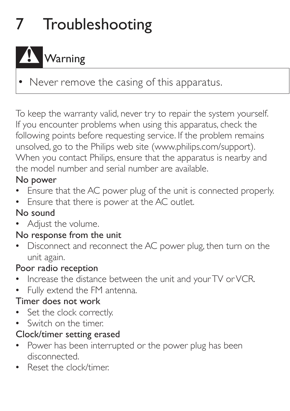 7 troubleshooting | Philips AJ3551/12 User Manual | Page 19 / 20