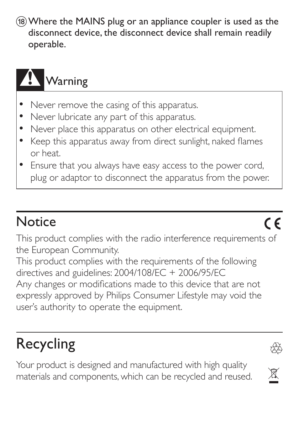 Recycling, Notice | Philips AJ3551/12 User Manual | Page 5 / 20