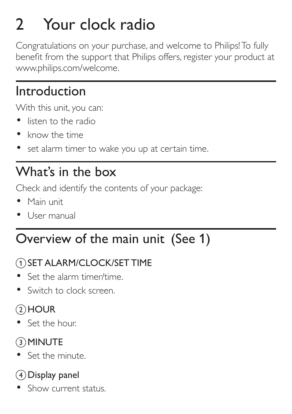 2 your clock radio, Introduction, What’s in the box | Overview of the main unit, See 1) | Philips AJ3551/12 User Manual | Page 7 / 20