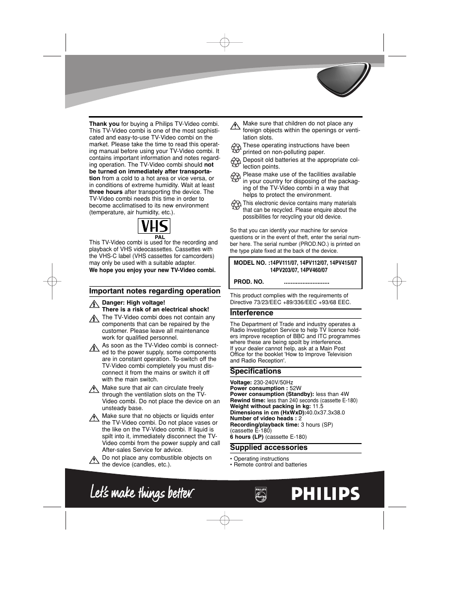 Philips TV-Video Combi 14PV460/07 User Manual | 16 pages
