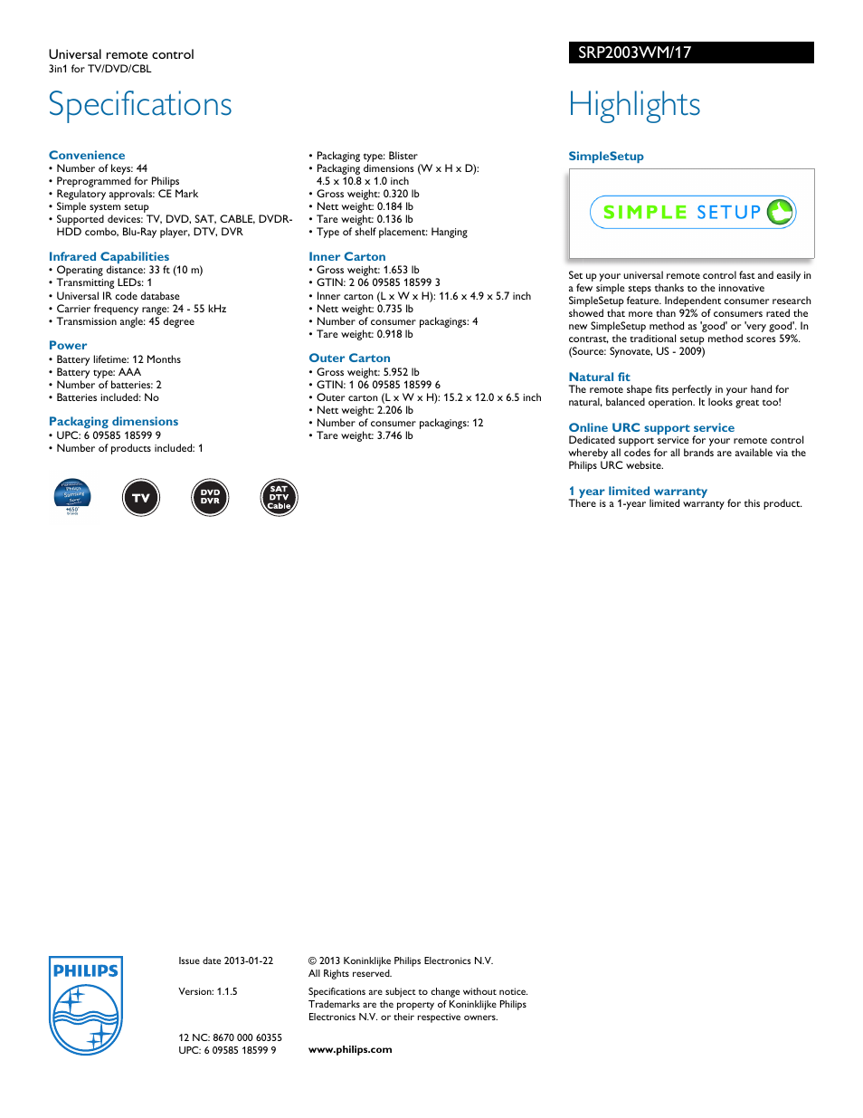 Specifications, Highlights | Philips SRP2003WM/17 User Manual | Page 2 / 2