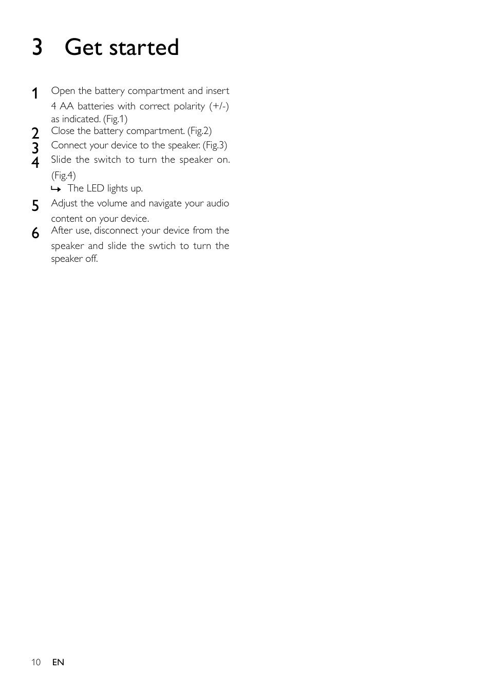2 your portable speaker, 3 get started | Philips SBA1710 User Manual | Page 10 / 14