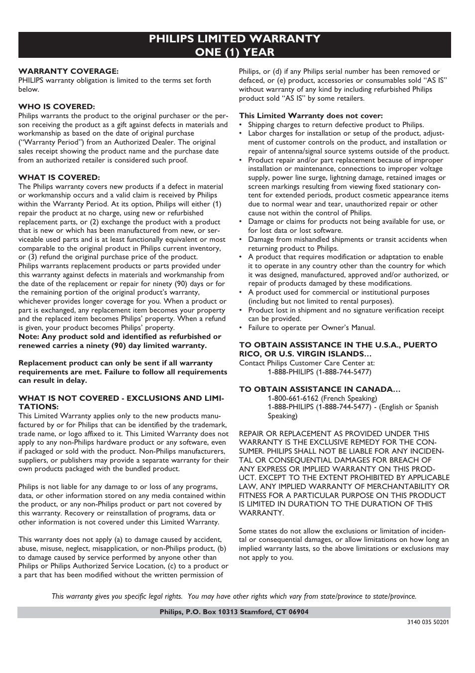 Philips limited warranty one (1) year | Philips SBA1710 User Manual | Page 13 / 14