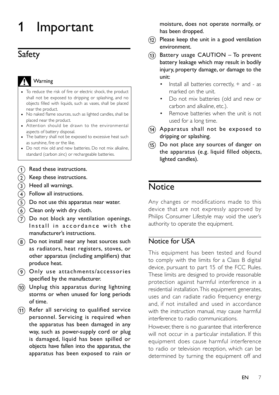 1 important, Safety, Notice | Notice for usa | Philips SBA1710 User Manual | Page 7 / 14