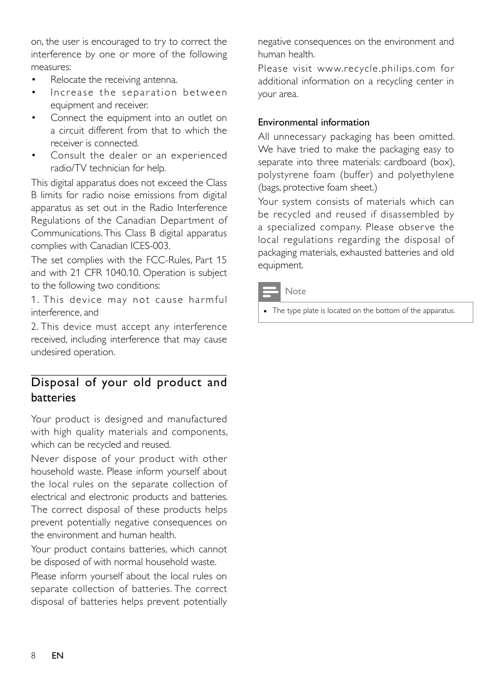 1 important, Safety, Notice | Disposal of your old product, Disposal of your old product and batteries | Philips SBA1710 User Manual | Page 8 / 14